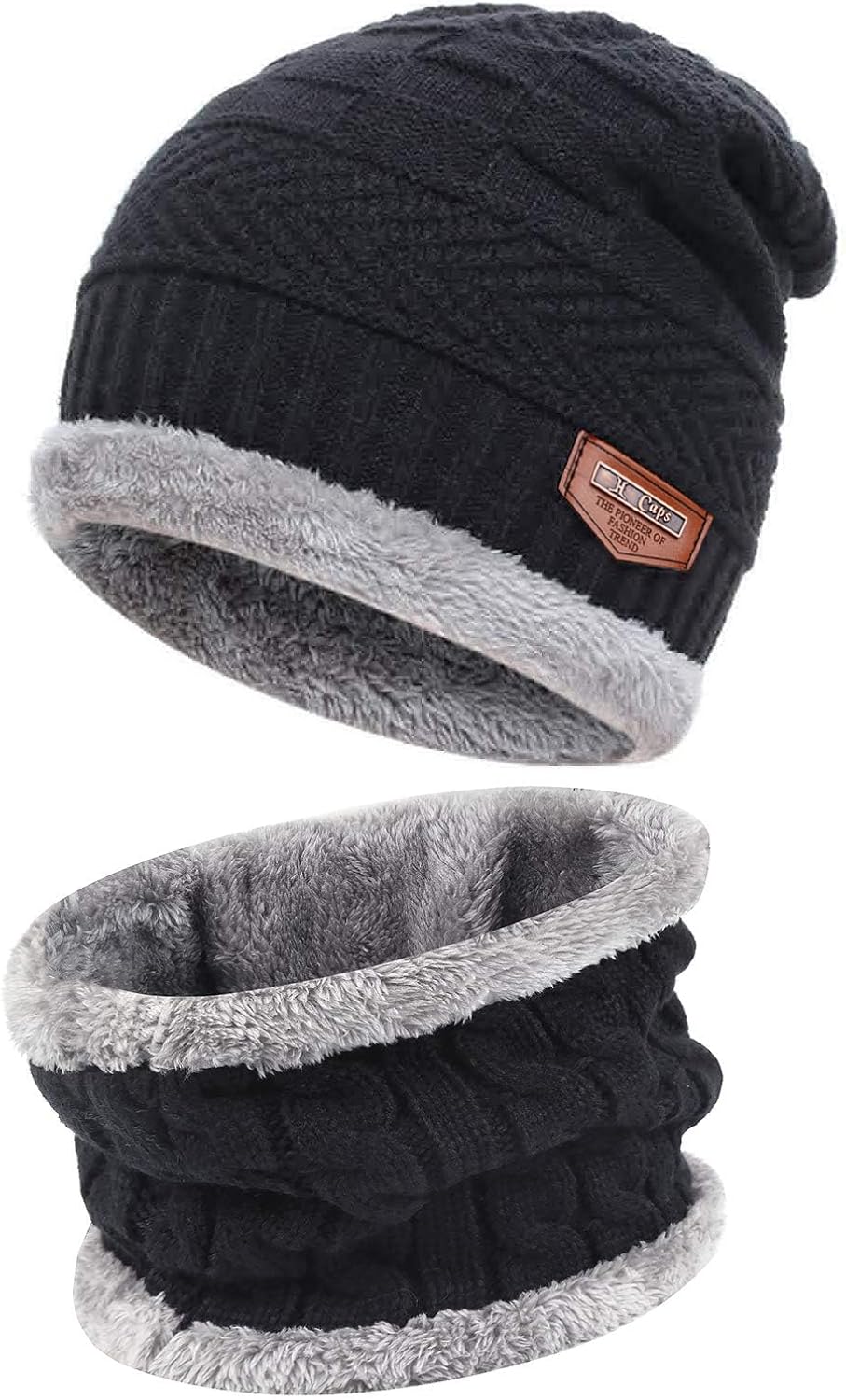 FZ FANTASTIC ZONE Mens Womens Winter Beanie Hat Scarf Set Warm Knit Thick Fleece Lined Skull Cap Neck Warmer for Men Women