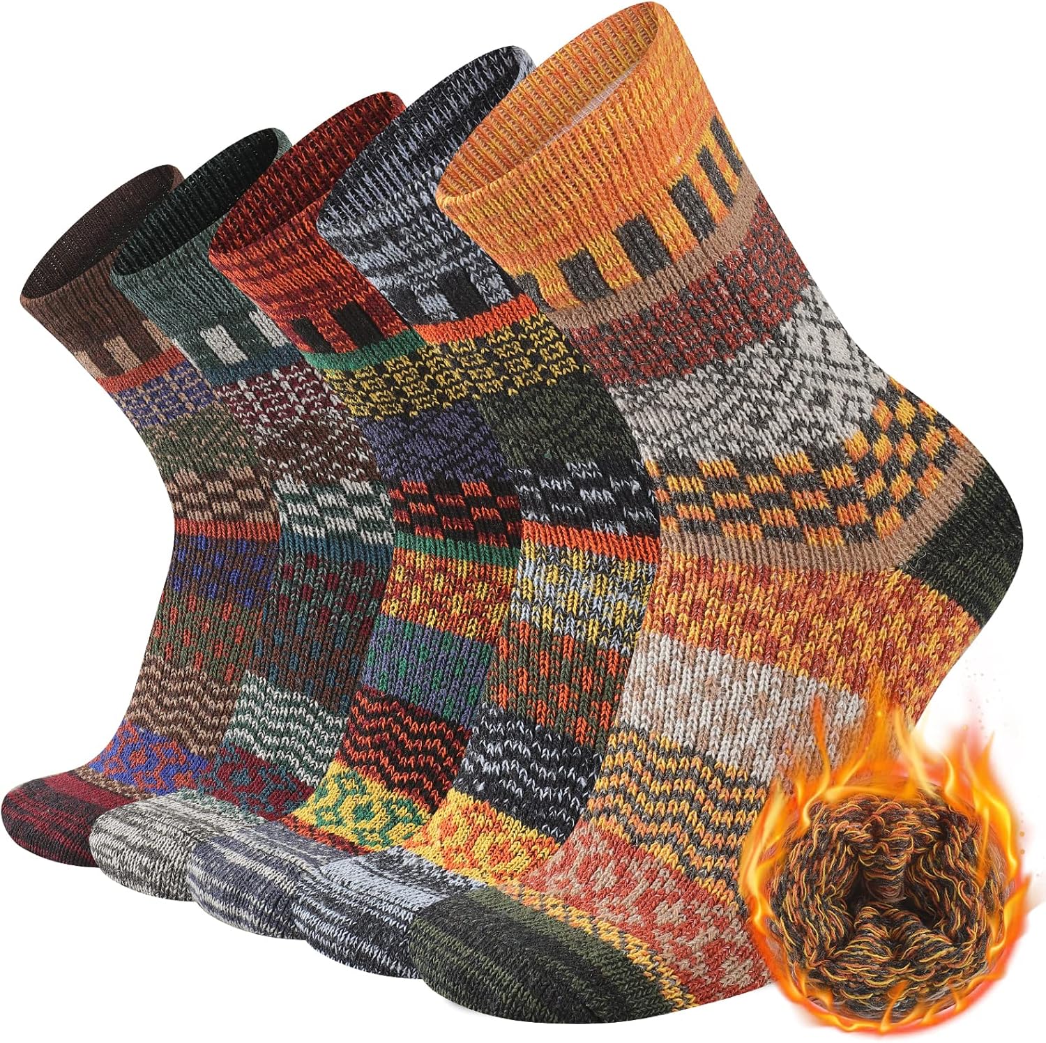 Heatuff Mens Warm Wool Socks Thermal Winter Thick Crew Pattern Socks Cold Weather 5 Pairs