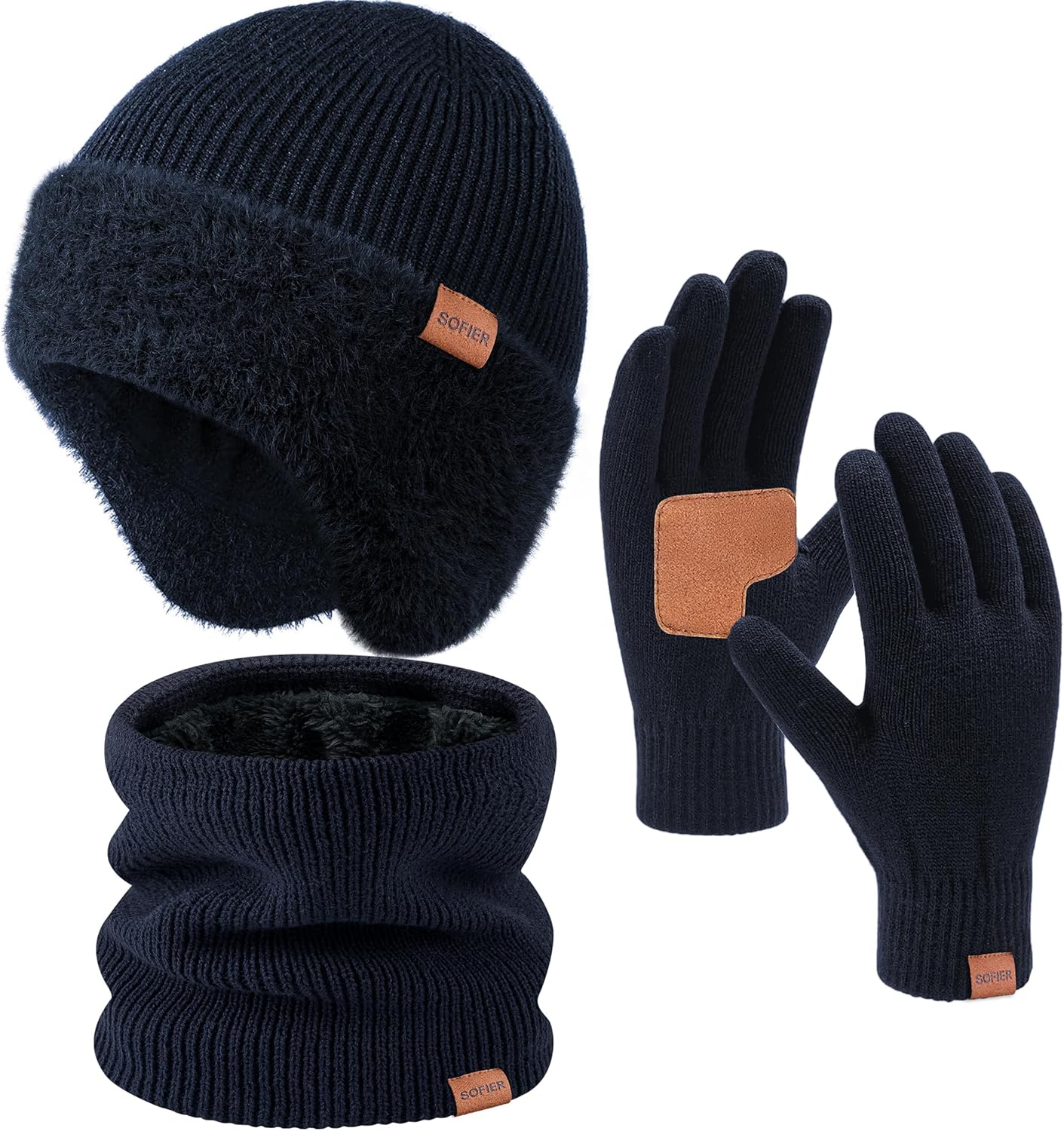 Sofier Winter Hat Fleece Lined Beanie with Earflap Neck Warmer Scarf Touchscreen Gloves Warm Knit Set for Men Women
