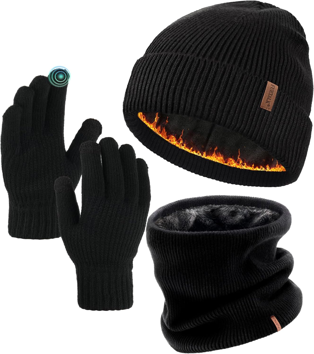 FURTALK Winter Knit Beanie Hat Sacrf Touch Screen Gloves Set Soft Fleece Lining Warm Beanie Unisex Winter Set