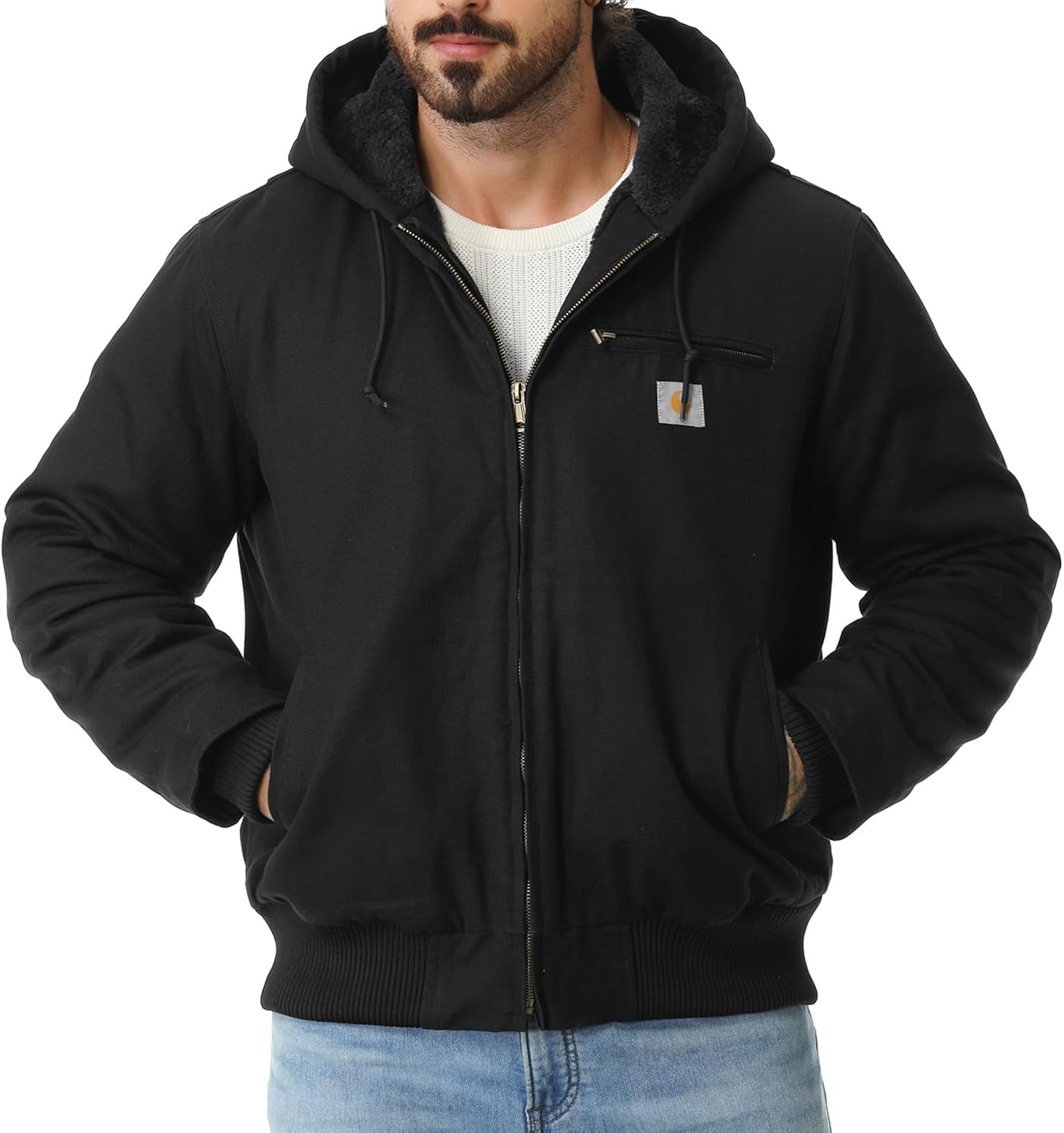 TUAOVA Men's Work Coat Washed Duck Fleece Lined Waterproof Workwear Fit Relaxed Winter Hooded Active Jacket