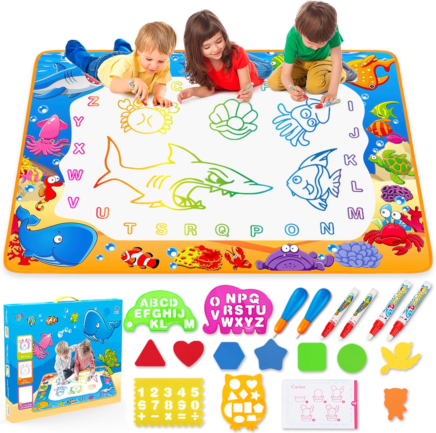 Water Doodle Mat - Kids Painting Writing Color Doodle Drawing Mat Toy Bring Magic Pens Educational Toys for Age 2 3 4 5 6 ...