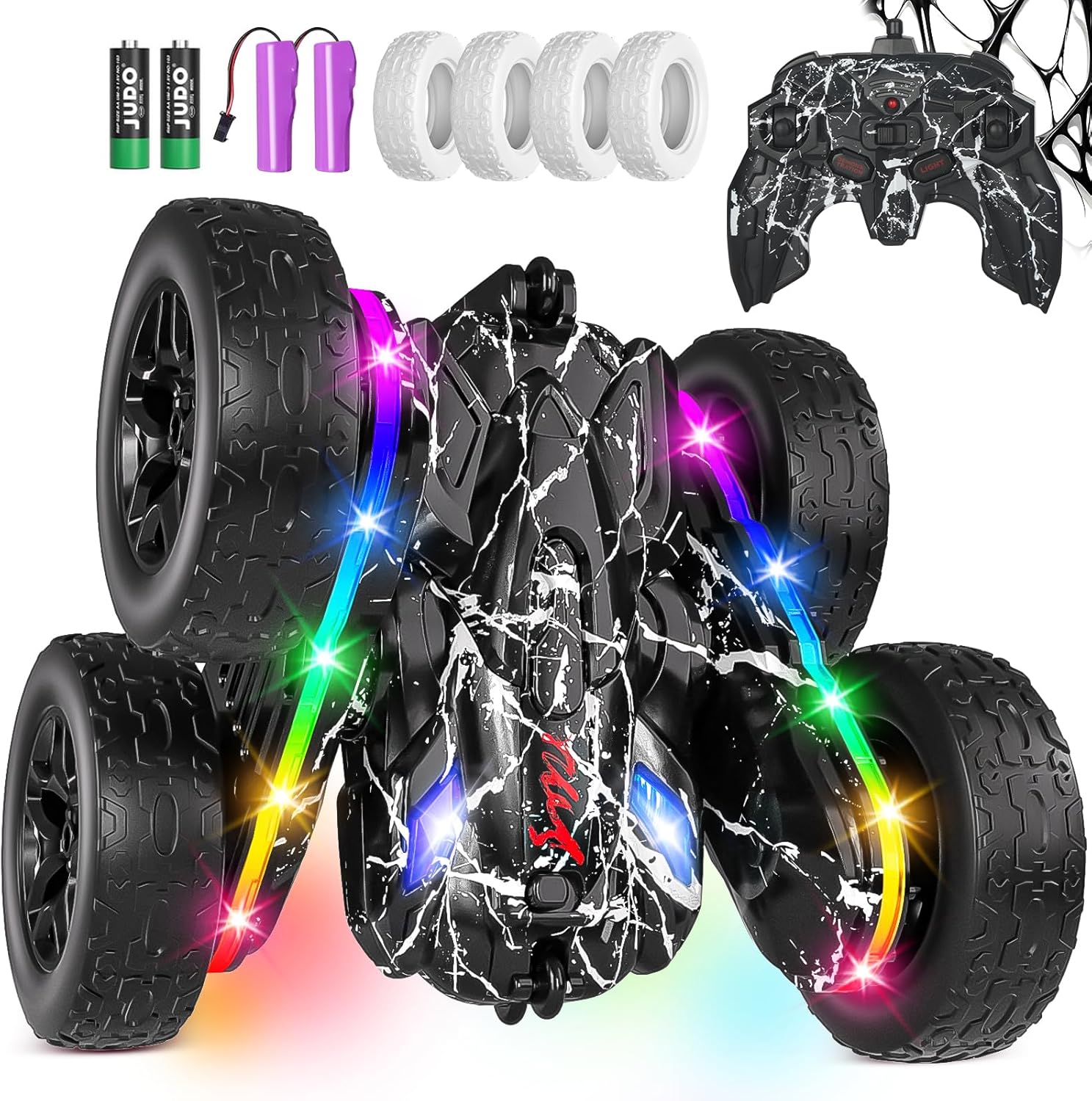 Terucle Remote Control Car, Rc Cars Stunt Kids Toys New Upgraded Strip Lights and Headlights Double-Sided 360° Rotating 4W...