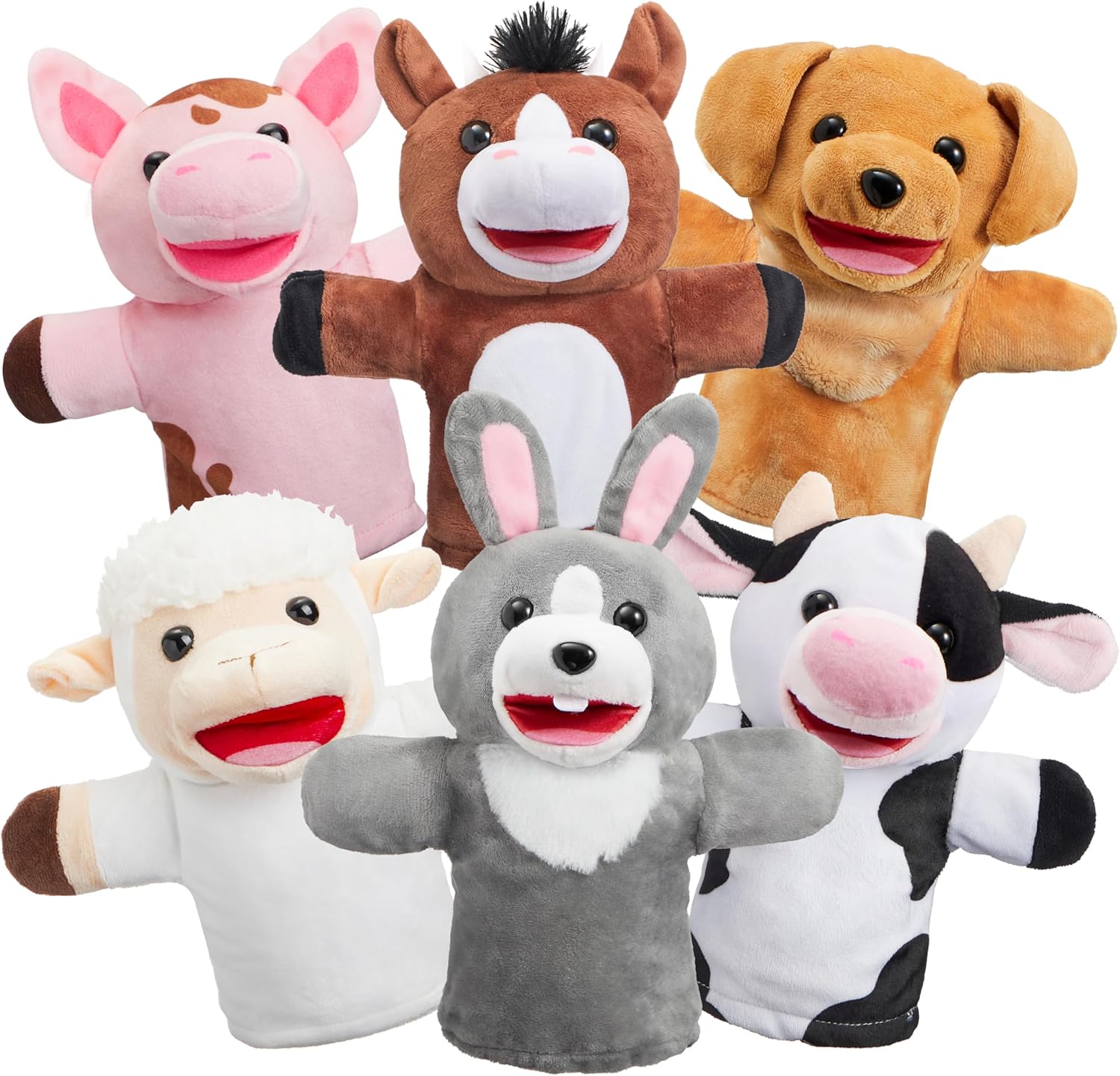 JOYIN 6Pcs Kids Hand Puppet Set with Working Mouth, Toddler Animal Plush Toy Includes Elephant, Giraffe, Lion, Bear, Racco...