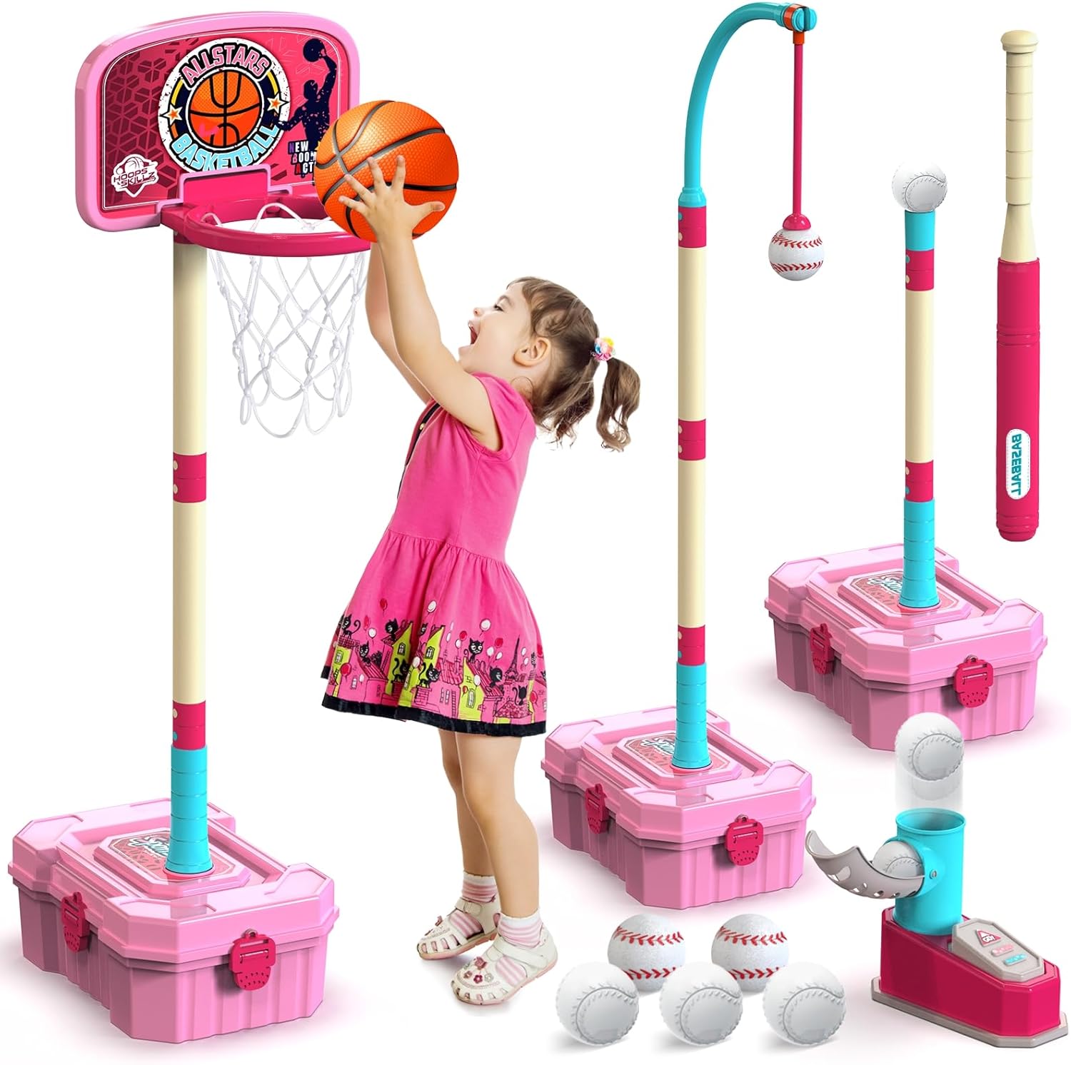 Bitbeebin Kids Basketball Hoop and T-Ball Set for Kids 3-5, 3 Adjustable Toddler Basketball Hoop Indoor Outdoor Kids Toys ...