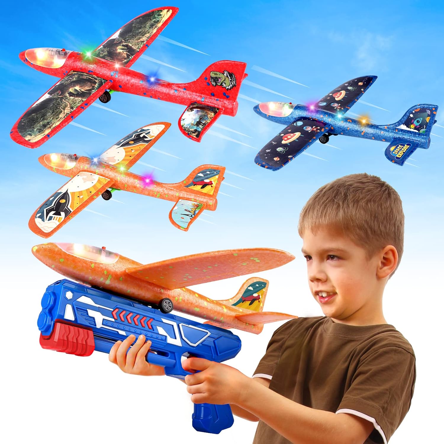 3 Pack Foam Airplane Launcher Toys, 12.6