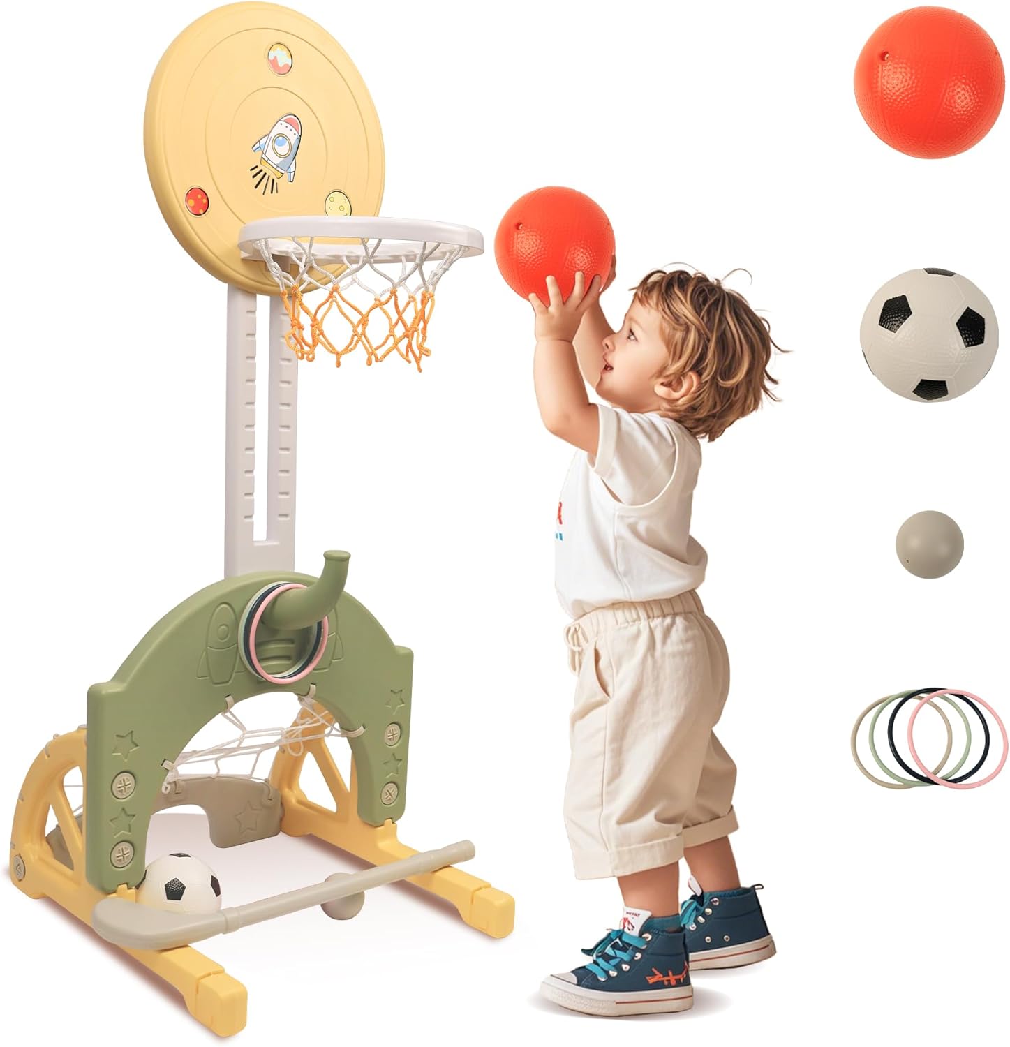 hoopyosms 4-in-1 Toddler Basketball Hoop Adjustable Height Indoor Outdoor Sports Center for Kids Aged 1-3 Basketball, Socc...