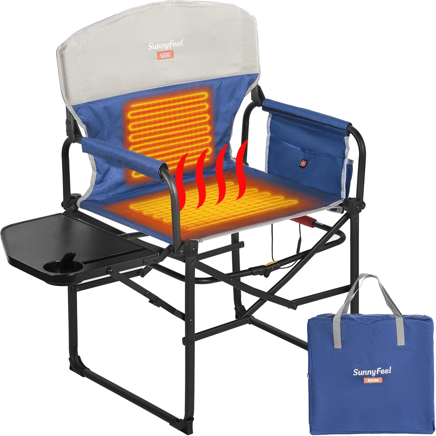 SUNNYFEEL Heated Camping Directors Chair, Heavy Duty,Oversized Outdoor Portable Heating Folding Chair with Side Table, Poc...