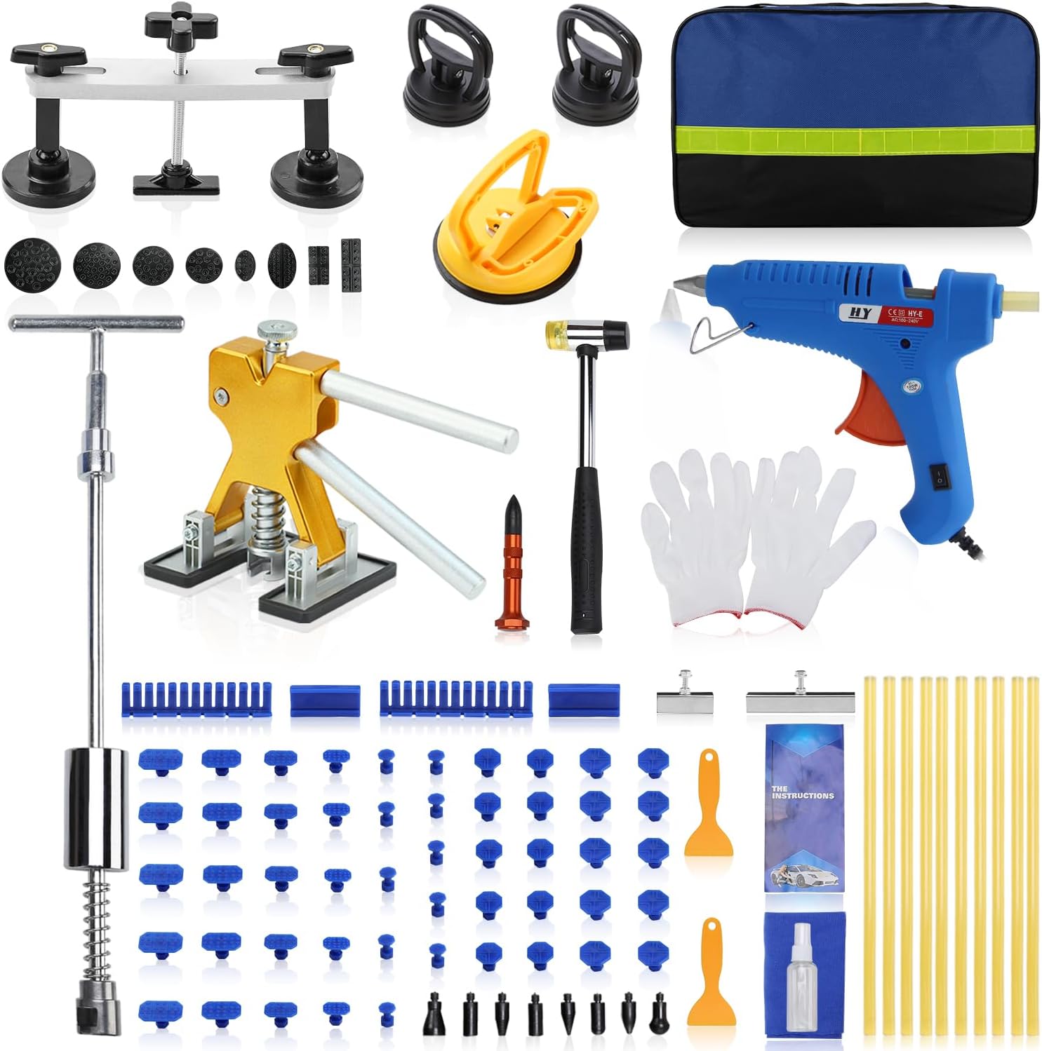 NIHAO 100PCS Auto Body Dent Repair Kit with Golden Lifter, Slide Hammer T-bar Dent Puller, Bridge Puller, Suction Cup and ...