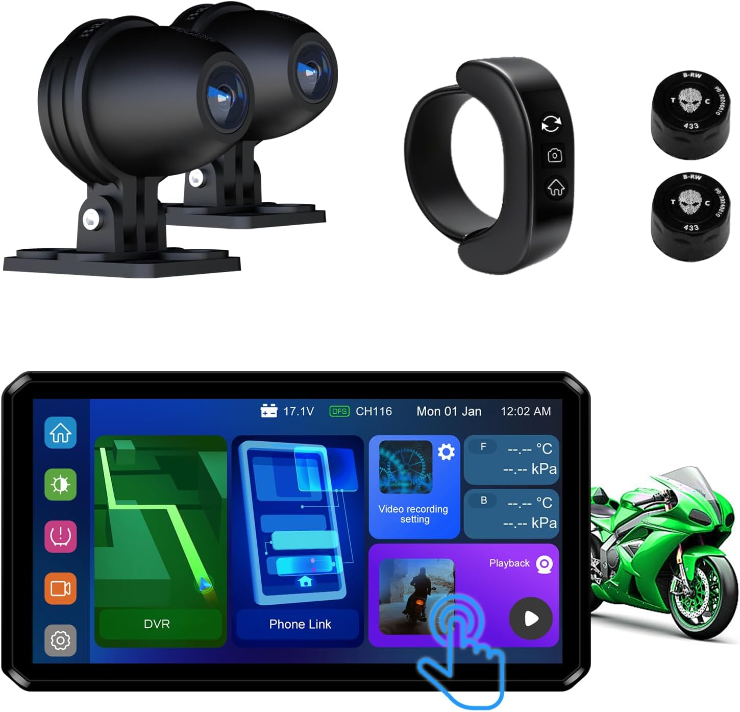 AlienRider M12S Motorcycle 77G Millimeter Wave Radar Blind Spot Warning,Dash cam Front and Rear,Wireless CarPlay/Android A...