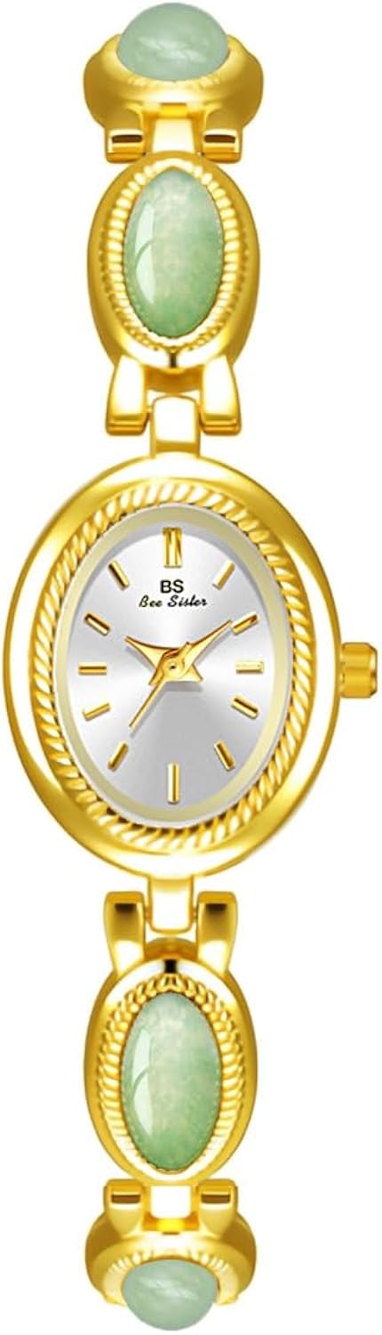MASTOP Luxury Vintage Gold Watches for Women with Jade Colorful Crystal Small Oval Dainty Silver Watch Ladies Bracelet Dre...