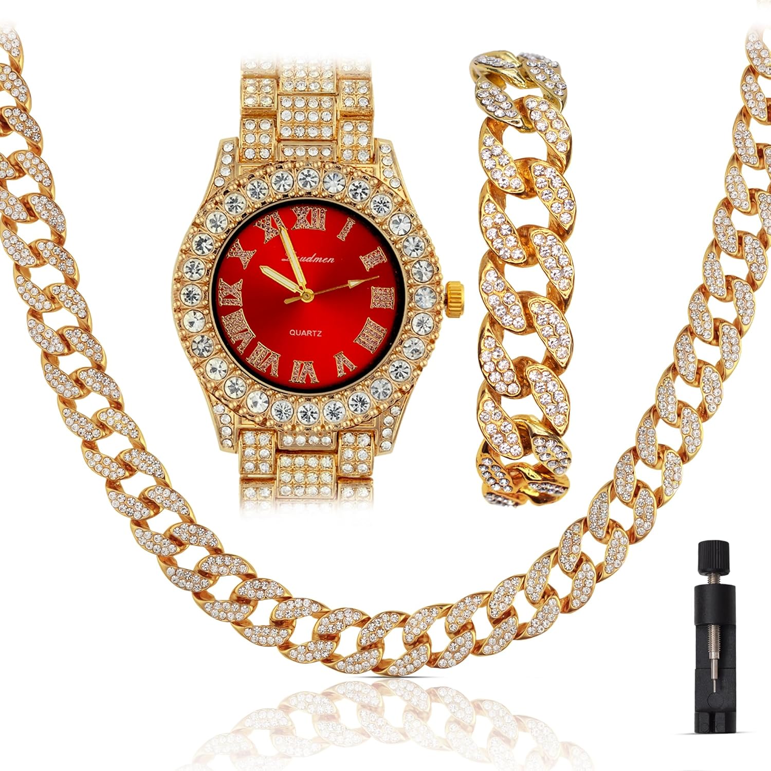 ICEDTAG Iced Out 44MM Colorful Dial Gold Plated Big Diamond Roman Numeral Watch, Full Icy Cuban Link 18 Inch Necklace Chai...