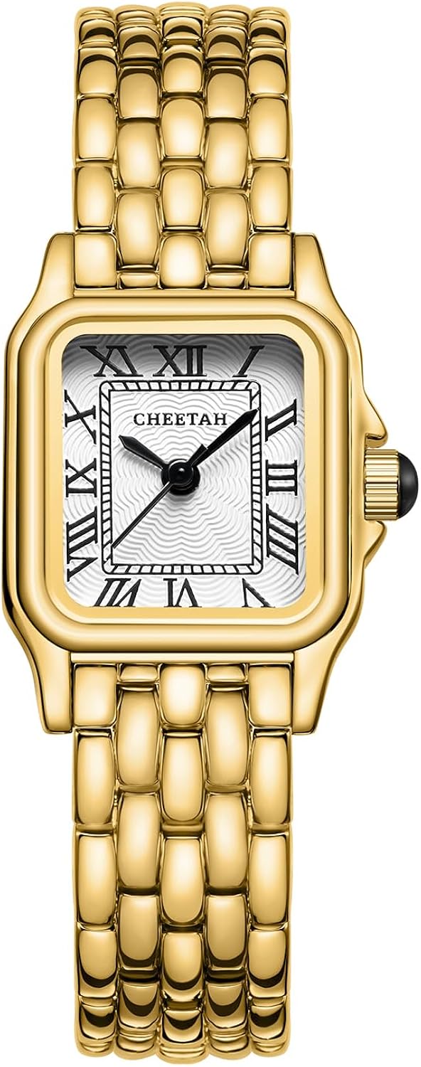 CHEETAH Gold Watches for Women with Small Vintage Bracelet, Rectangular Case Roman Dial