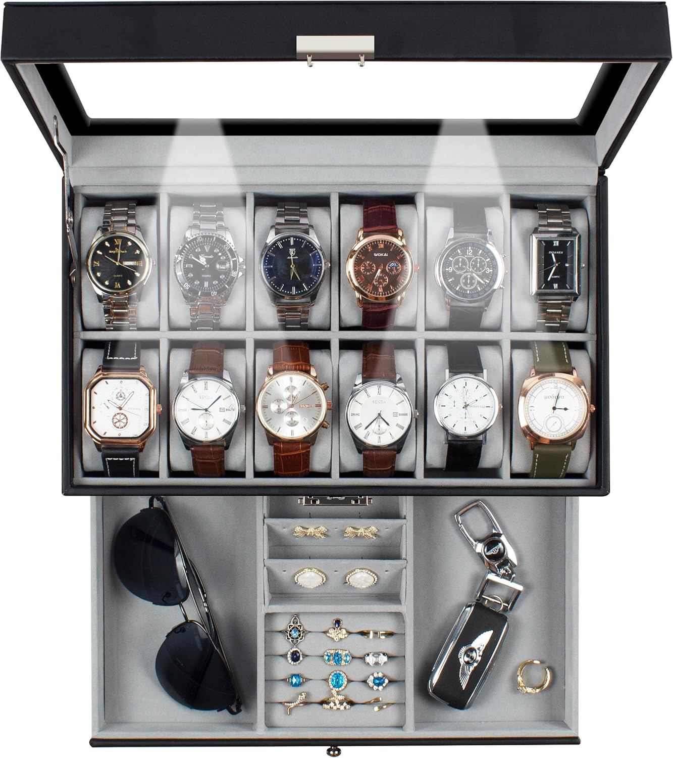 GUKA Watch box, 6 Slot Watch Case, 3 Slot Sunglass Organizer, Watch Cases for men with Real Glass Lid, Watch Organizer sto...