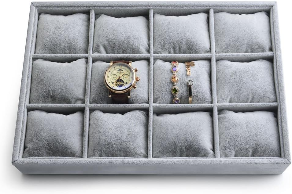 Oirlv Premium Velvet 12 Grid Jewelry Organizer Tray with Removable Pillow Watch Organizer Jewelry Tray Bracelet Bangle Wat...