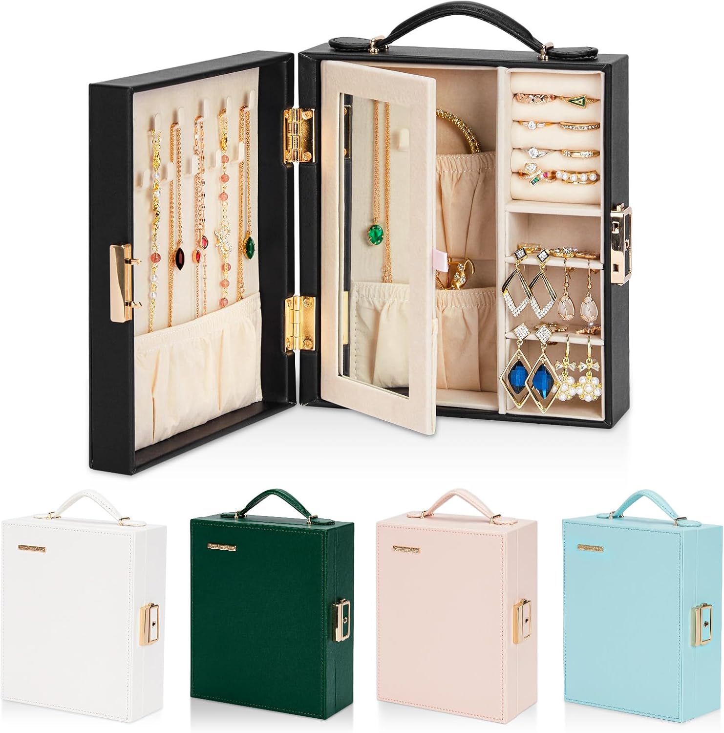 Enthralite Travel Jewelry Case, Essentials for vacation, Portable Bangle Box with Mirror, PU Leather Small Watch Organizer...