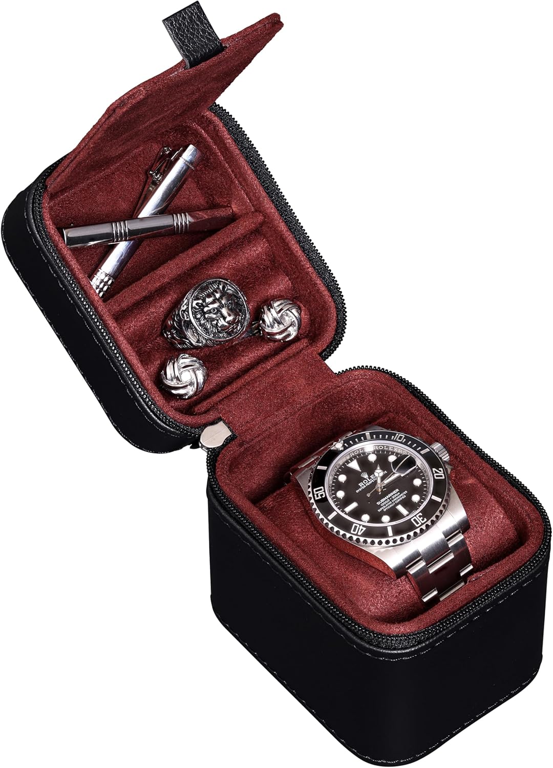 ROTHWELL Single Watch Travel Case with Accessory Compartment | Compact PU Leather Protective Box with Microsuede Interior...