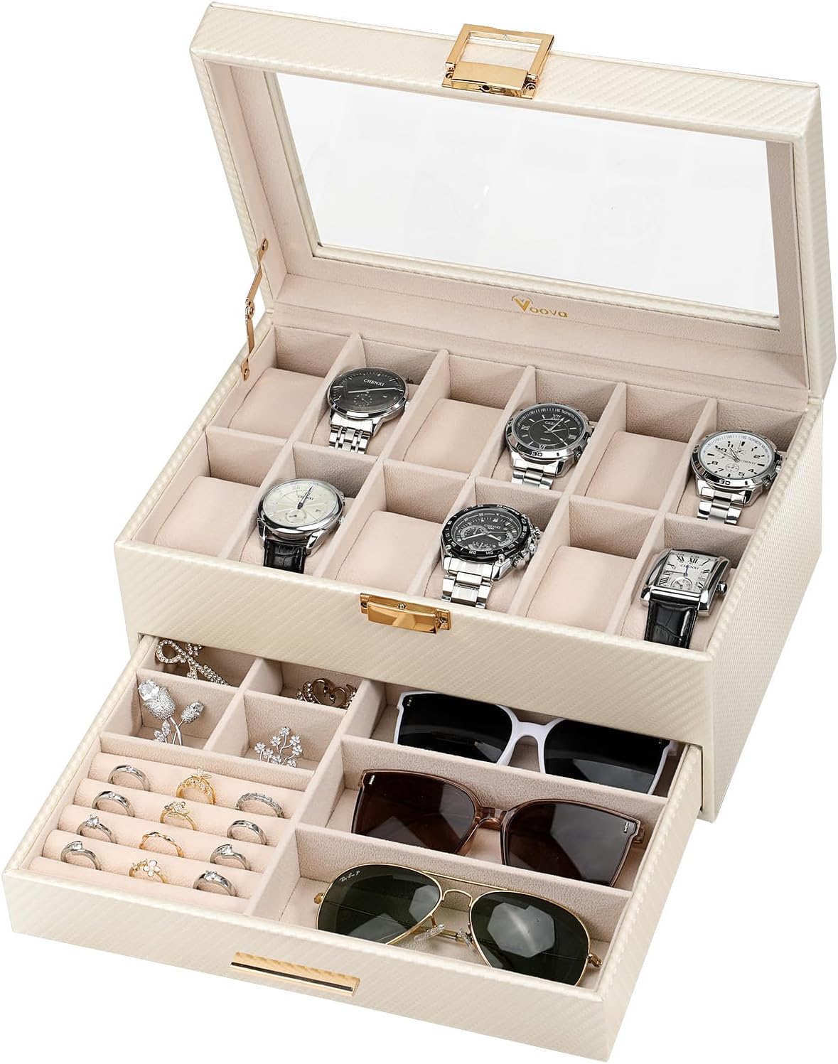 Voova Watch Jewelry Box Organizer for Men Women,12 Slot Leather Watch Storage Case Display Holder with Jewelry Drawer, Rem...