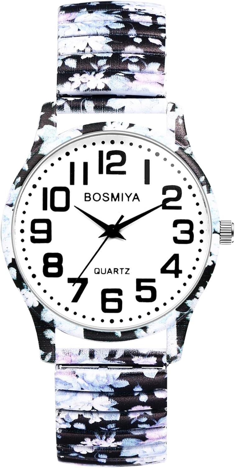 OIDEA Stretch Band Watches for Women: Bohemia Flower Easy Reader Elastic Band Watch Large Face Big Number Analog Quartz Br...