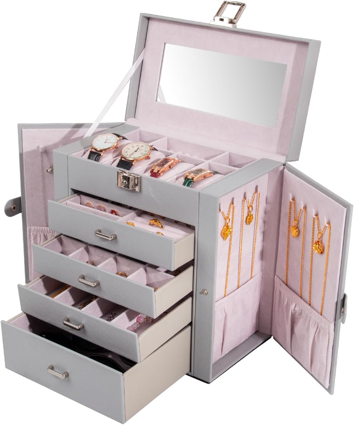FEIYAN Large Jewelry Box,5-Tier PU Leather Jewelry Organizer with Lock,Multi-functional Storage Case with Mirror,Jewelry O...