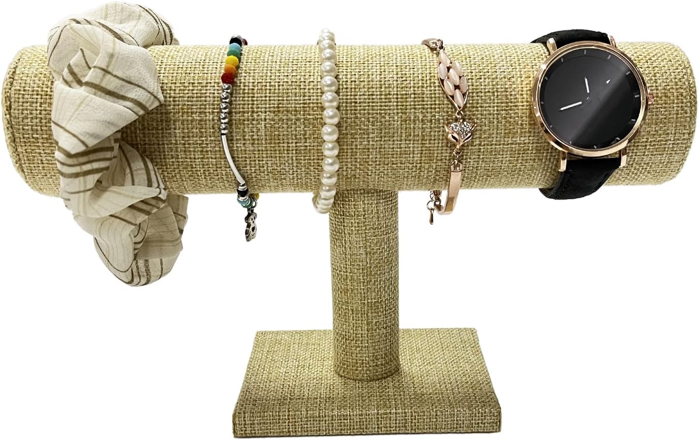 Coward T-Bar Bracelet Holder Organizer Display Jewelry Scrunchie Watch Storage Stand for Home Organization (Yellow Linen)