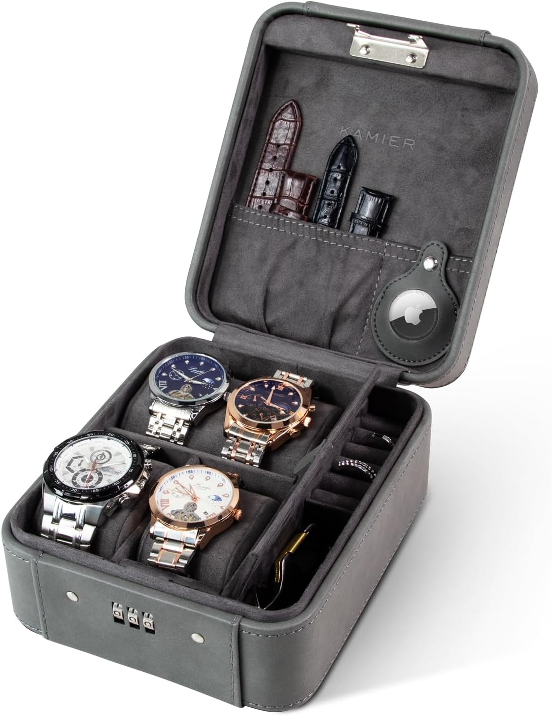 KAMIER Watch Case with Combination Lock - 4 Watch Storage and Jewelry Organizer - Watch Travel Case for Ring and Watch Sto...