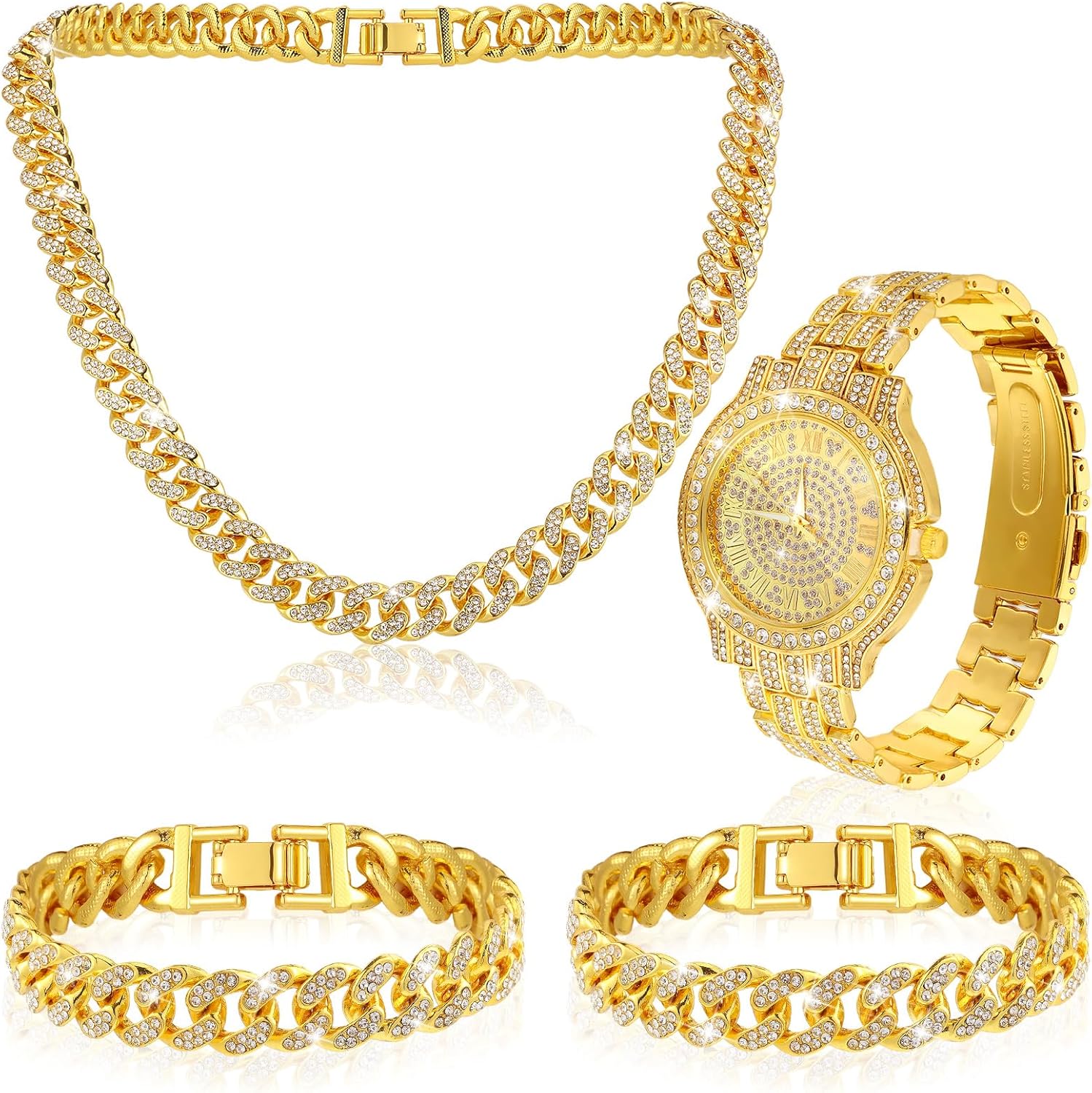 Huquary 4 Pcs Hip Hop Jewelry Set Cuban Link Chains Bling Rhinestone Watch for Man Artificial Diamond Necklace Bracelet Watch