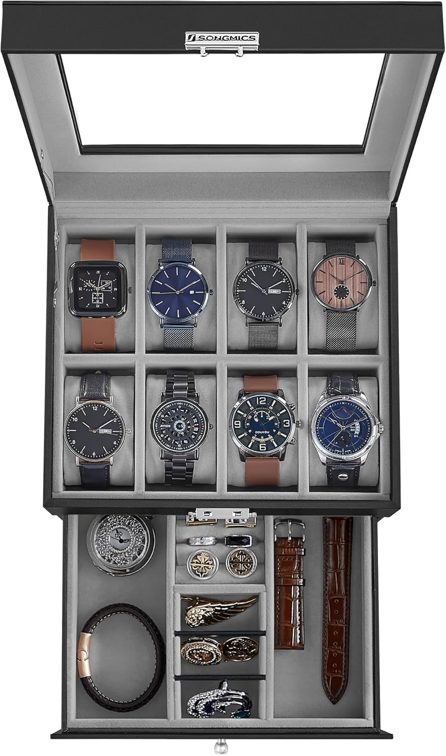 SONGMICS 12-Slot Watch Box, Lockable Watch Case with Glass Lid, 2 Layers, with 1 Drawer for Rings, Bracelets, Gift Idea, B...