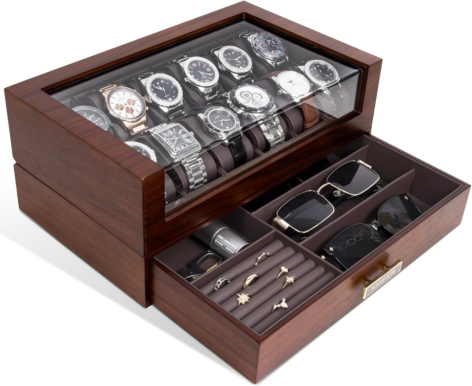 High End Watch Box for Men, 12 Slot Wooden Watch Case With Drawer, Watch Display Box with Glass Lid, 2-Layer Watch Holder ...