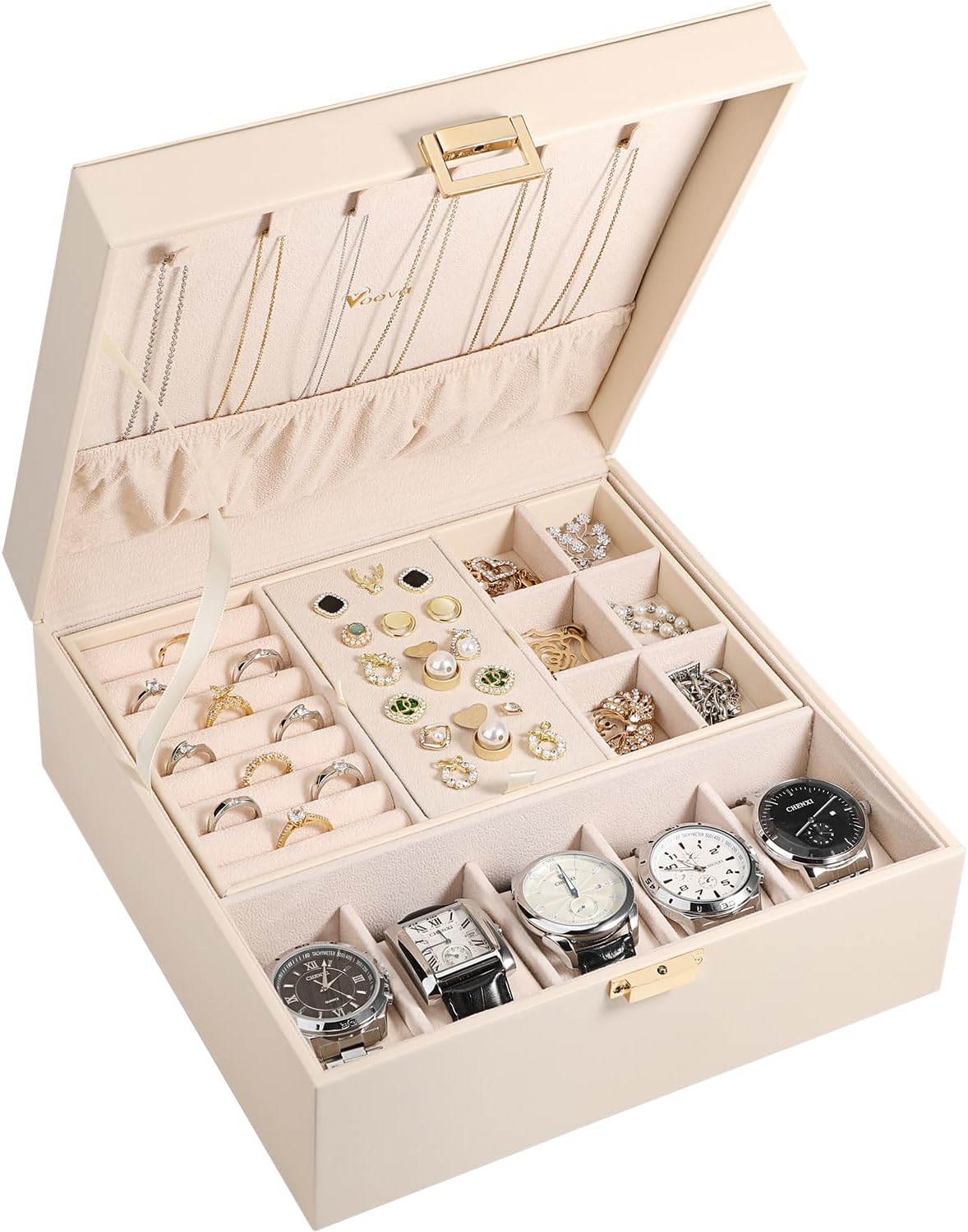 Voova Jewelry Box Organizer for Women Teen Girls,2 Layer 5 Slot Watch Storage Case with Removable Tray, PU Leather Large J...