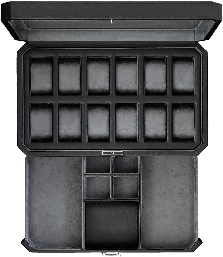 ROTHWELL 12 Slot Leather Watch Box with Valet Drawer - Luxury Watch and Jewelry Case Display Organizer, Microsuede liner, ...