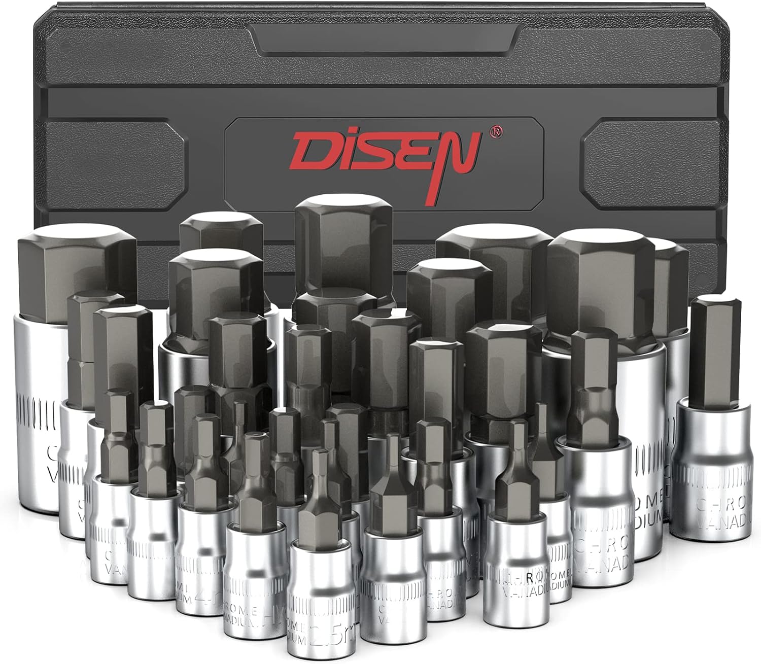 34-Piece 3/8'' Drive Torx Star Bit sockets CR-V E-Socket Set, E4-20, T10-60, Tamper Proof Set TT10-TT55, 5/16