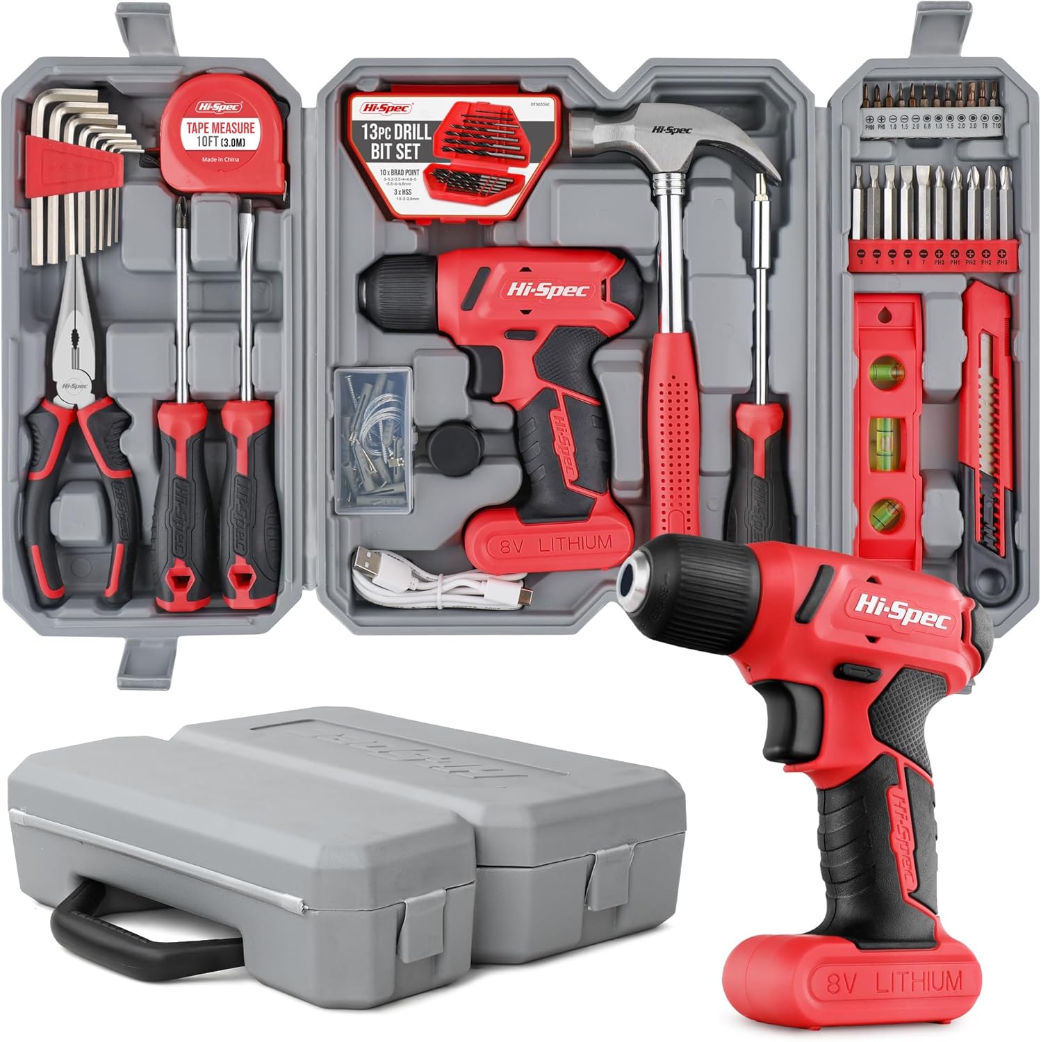 Hi-Spec 58pc Red 8V USB Electric Power Cordless Drill Driver and Home DIY Tool Kit Set. Screw Driver and Drill Bit Set Acc...