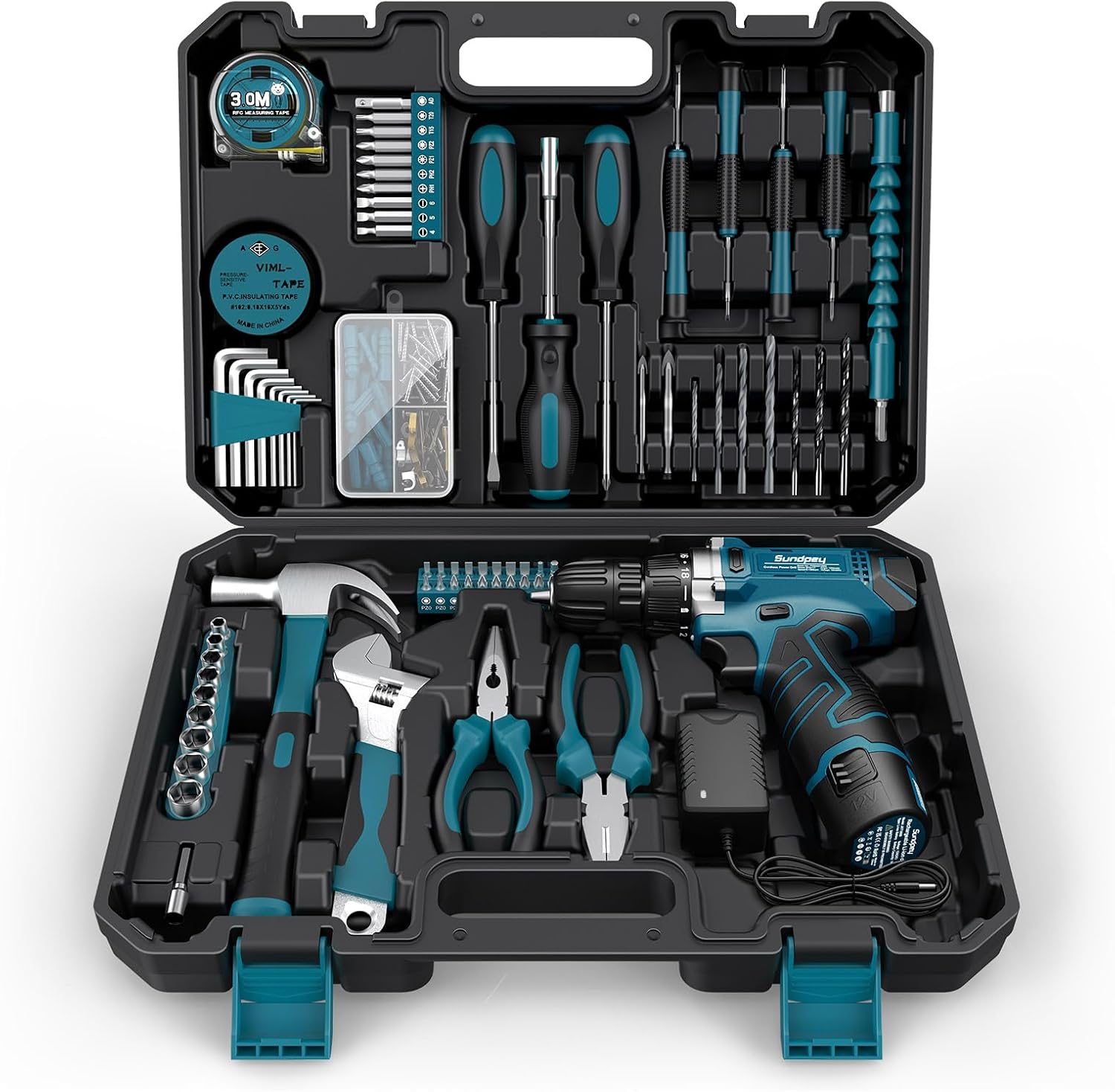 Sundpey Tool Kit 206PCs with Drill - 12V Cordless Power Drill Combo Home Tool Set - Portable Basic General Household Toolb...
