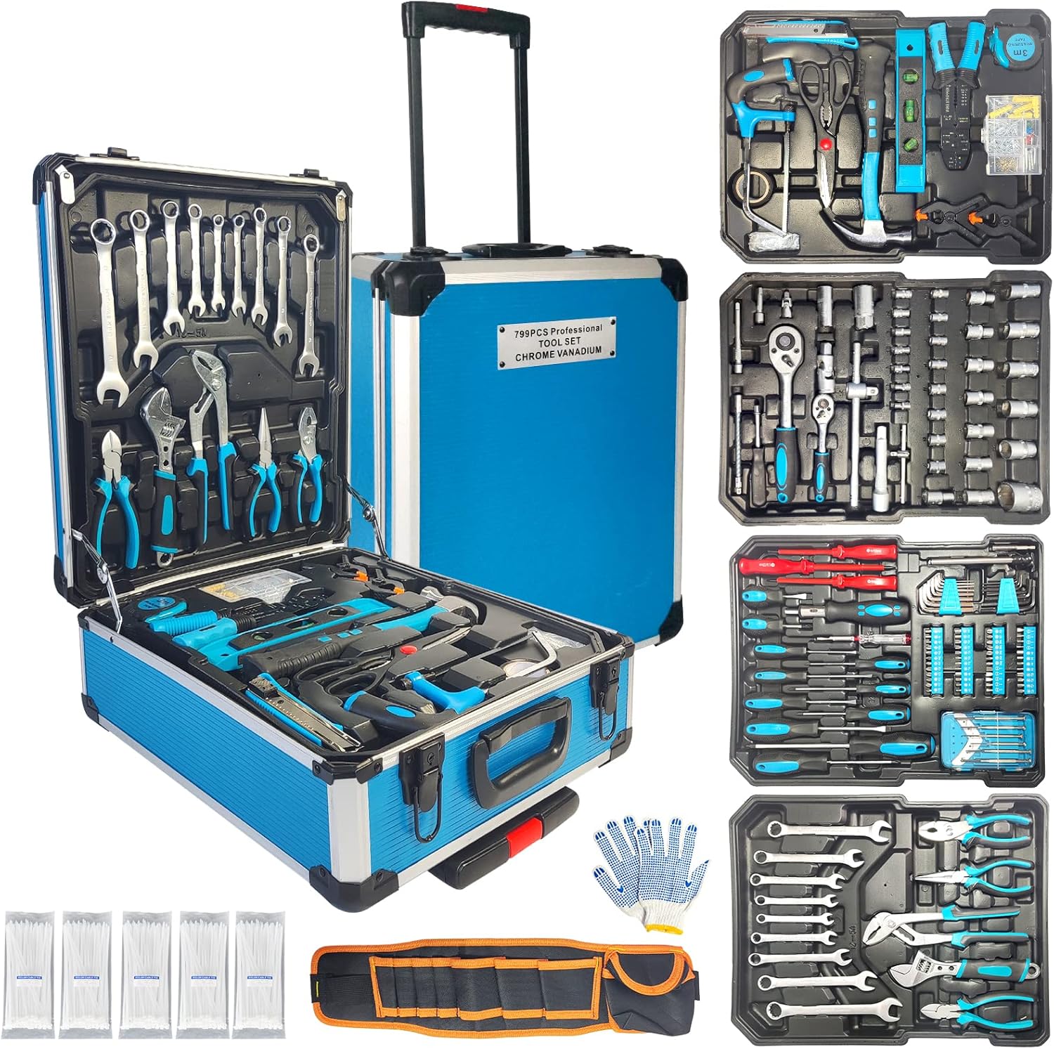 Tool Sets for Men, Tool Kit with Rolling Box, Complete Household Set, Aluminum Trolley Case Sets, Gift on Father's Day