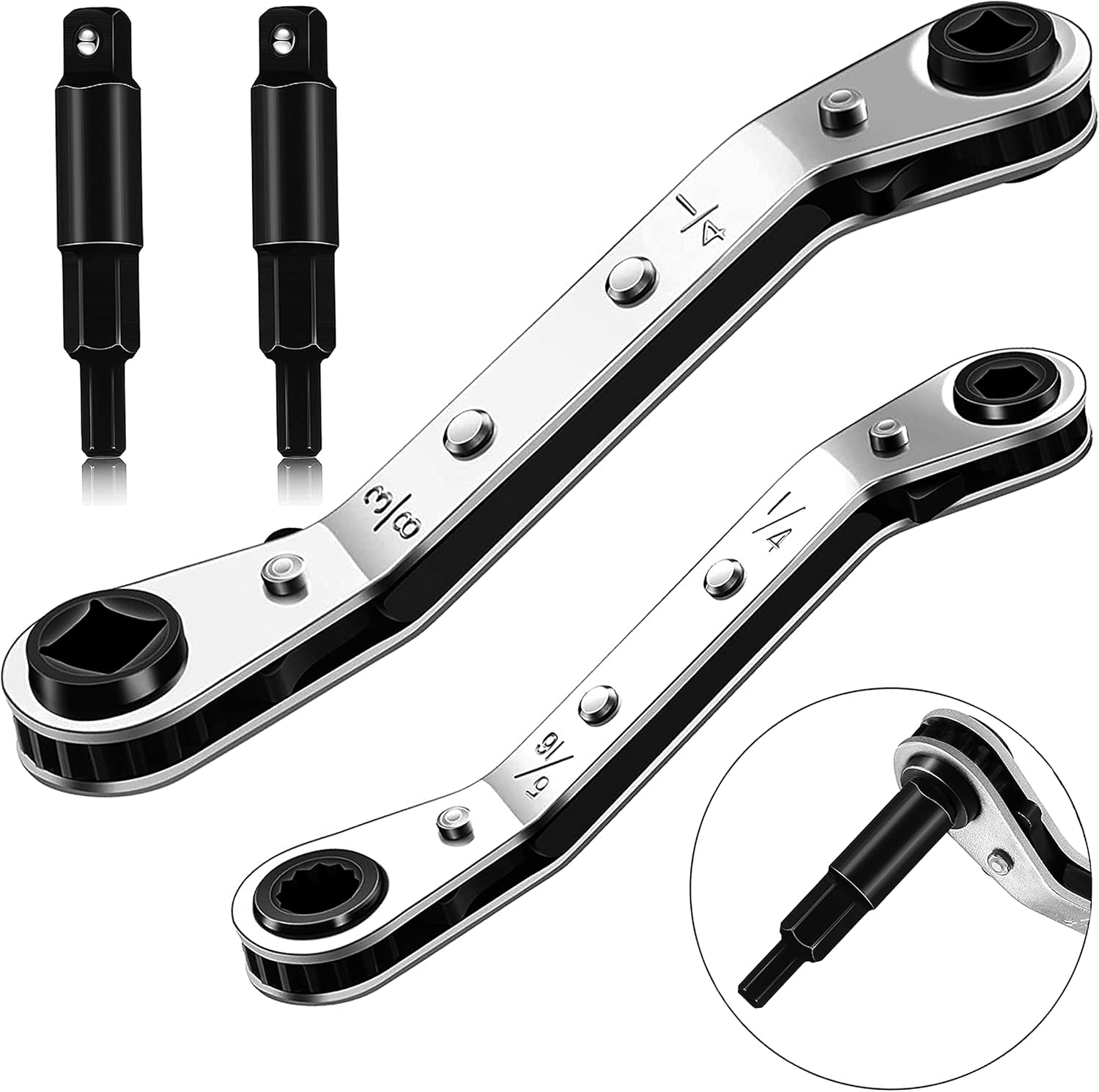 Hvac Service Wrench Tools:3/16” to 3/8” 5/16'' x 1/4''Air Conditioner Valve Ratchet Wrench with 2 Hexagon Bit Adapter Kit ...