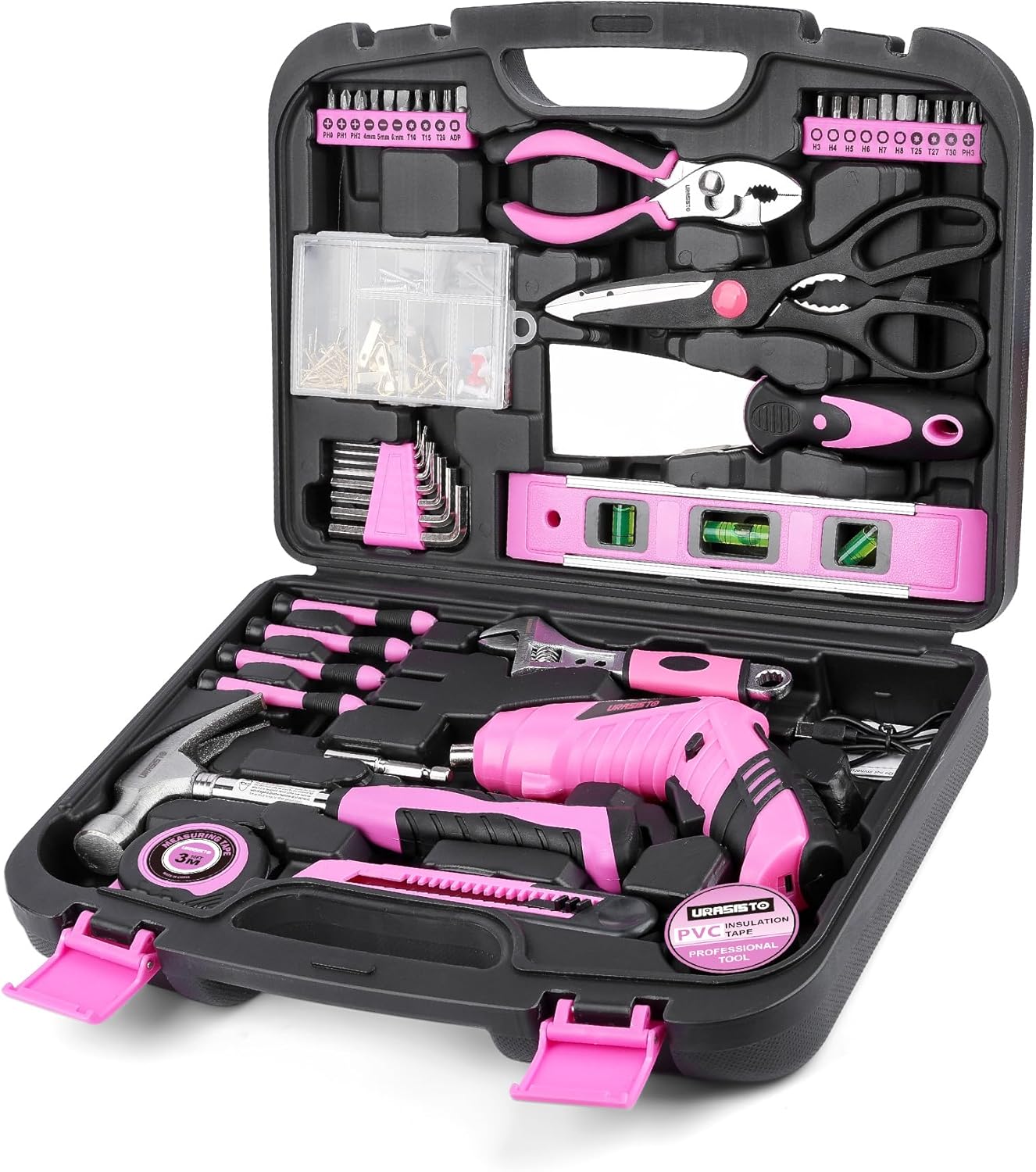 URASISTO Pink Household Tool Set with 3.6V USB Electric Screwdriver, 136 PCS Home Tool Kit with Cordless Lithium-ion Drill...