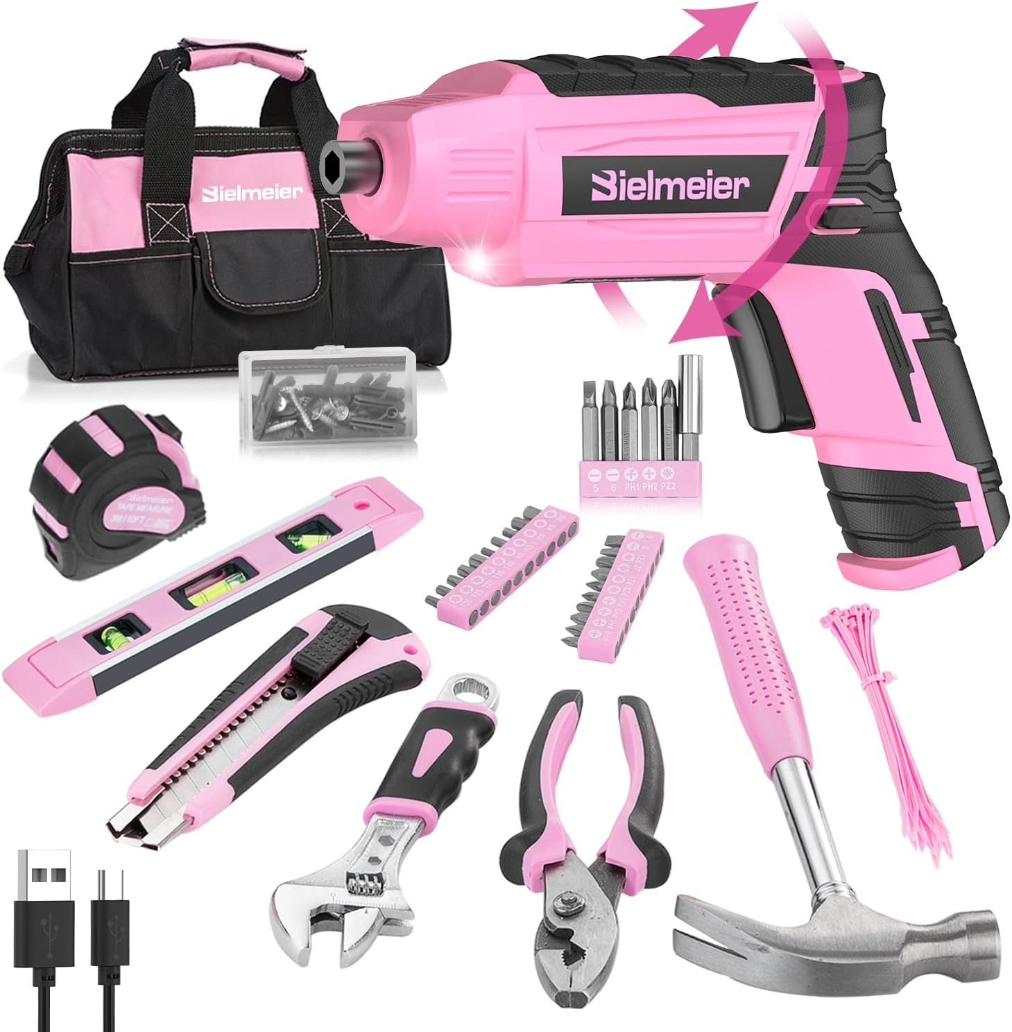 Bielmeier 85 Pcs Pink household cordless screwdriver tool set for women,first choice gift, includes 4V USB screwdriver, sc...
